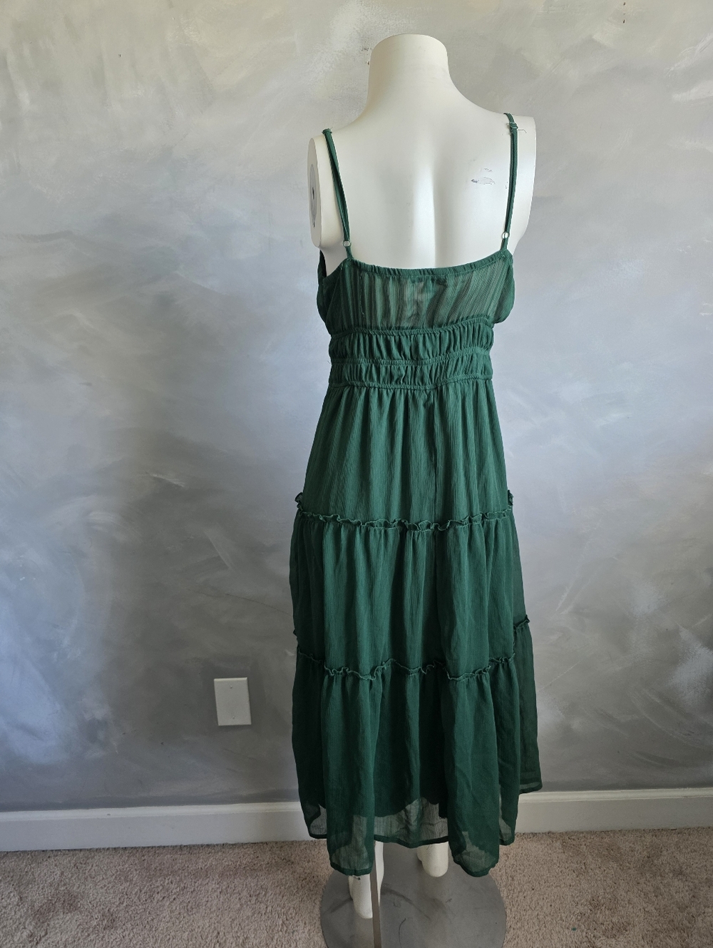 Women's Sleeveless Deep Green V Neck Dress Ruffle Tiered Midi Sz L Babydoll - Picture 5 of 9